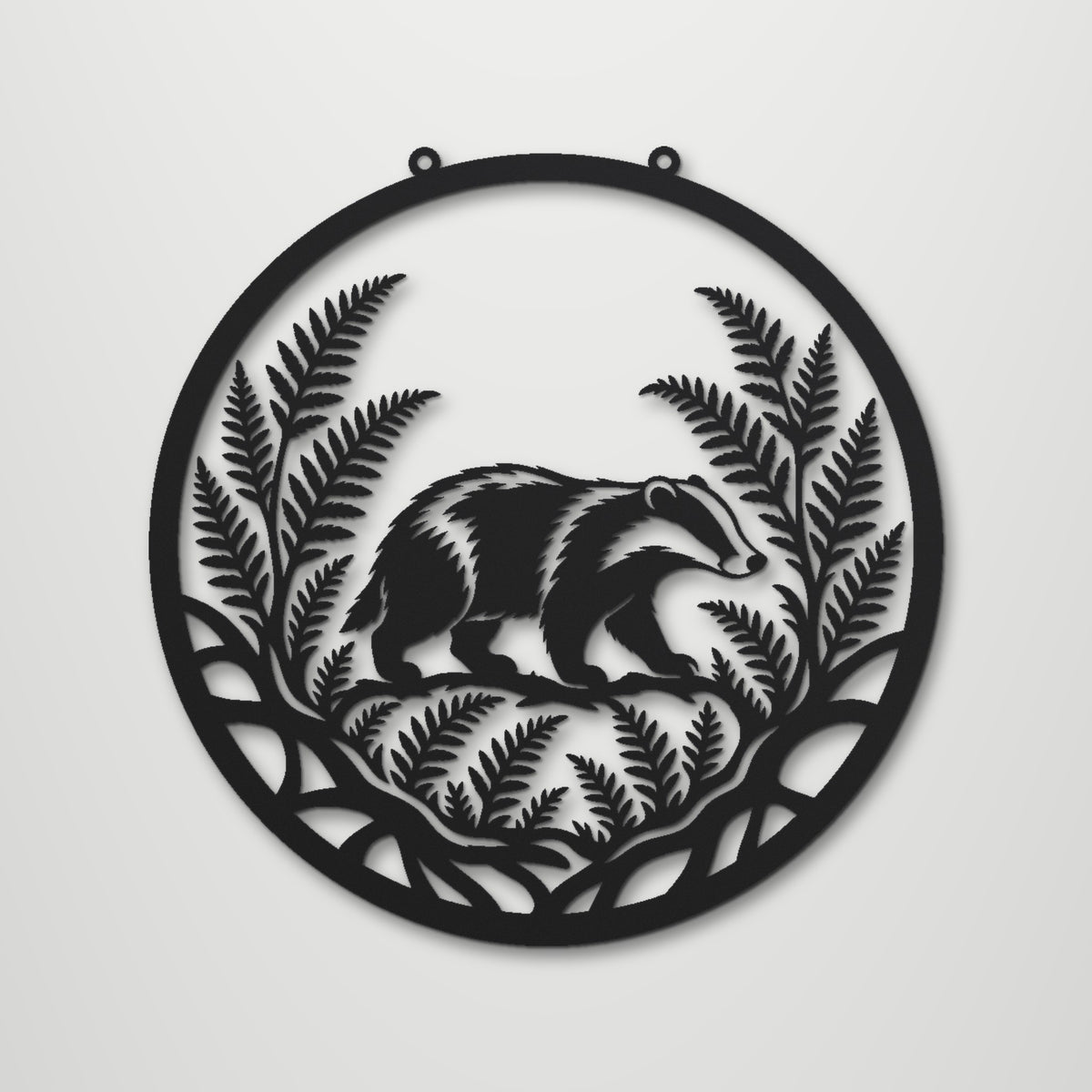 Badger Woodland laser cut steel wall art in matte black, front view