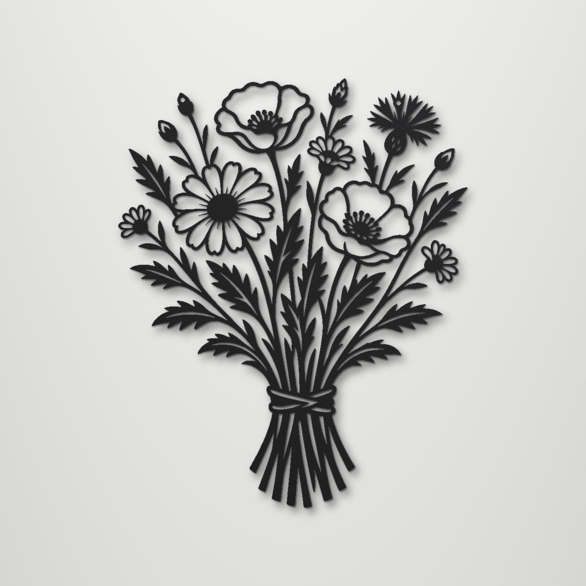 Wildflower Bouquet laser cut steel wall art in matte black, front view