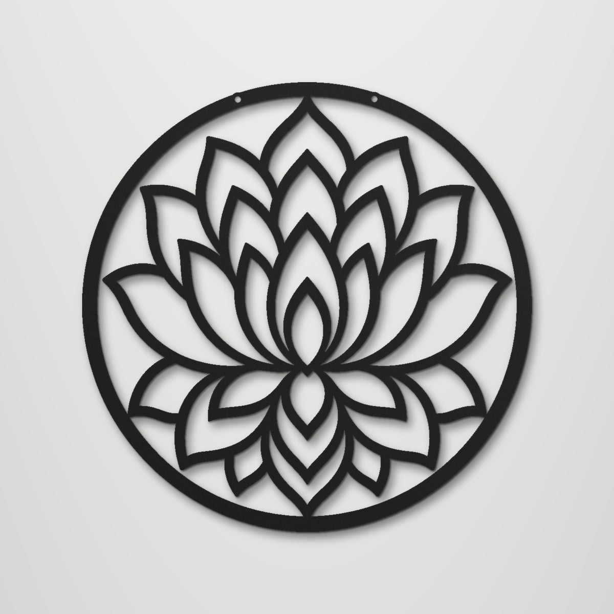 Lotus Mandala laser cut steel wall art in matte black, front view