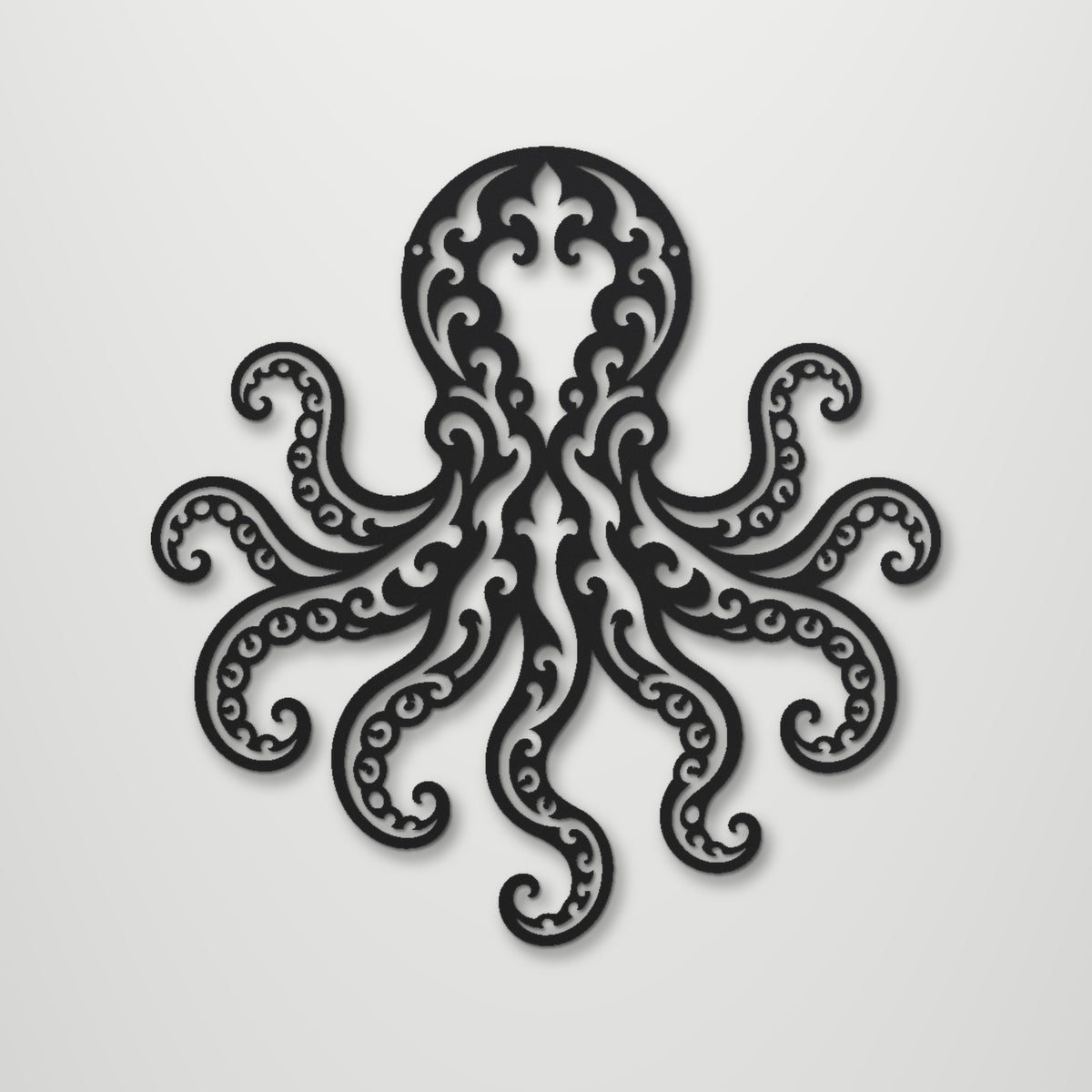 Octopus laser cut steel wall art in matte black, front view