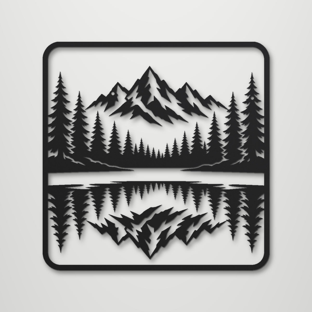 Forest Lake Reflection laser cut steel wall art in matte black, front view