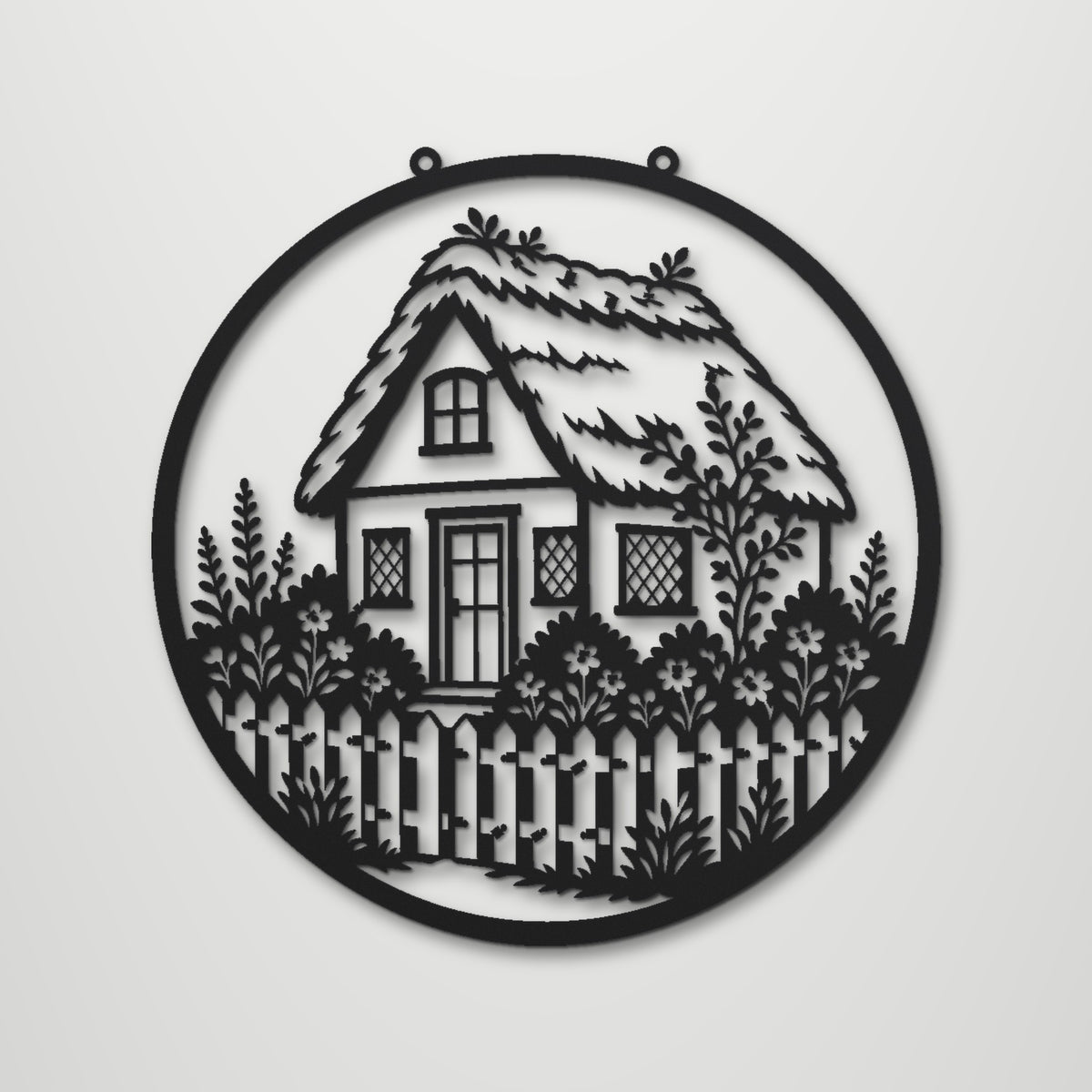 Countryside Cottage laser cut steel wall art in matte black, front view