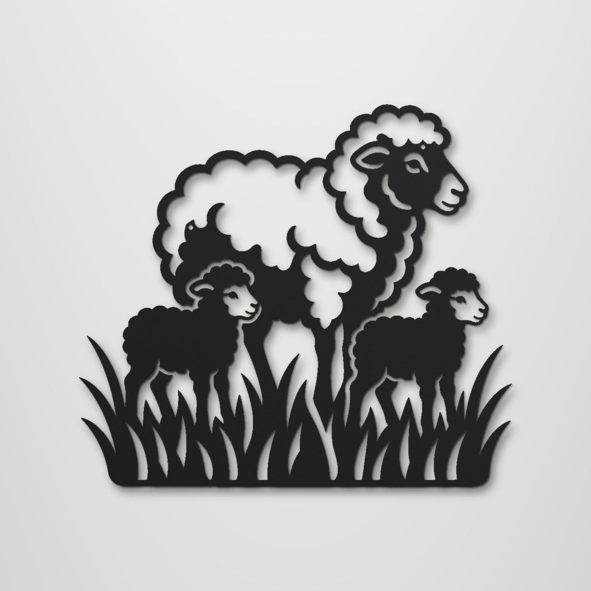Sheep Family laser cut steel wall art in matte black, front view