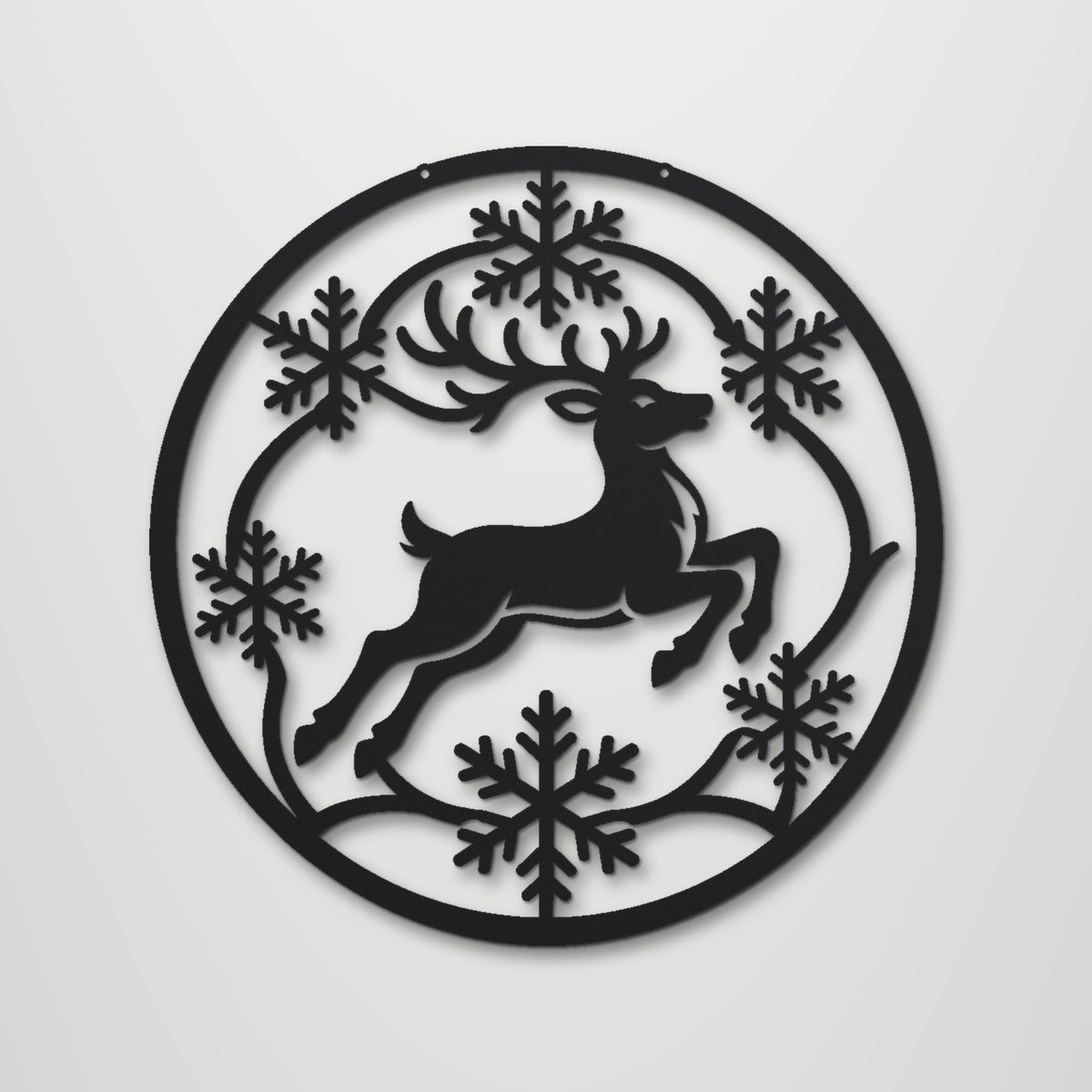 Reindeer and Snowflakes laser cut steel wall art in matte black, front view