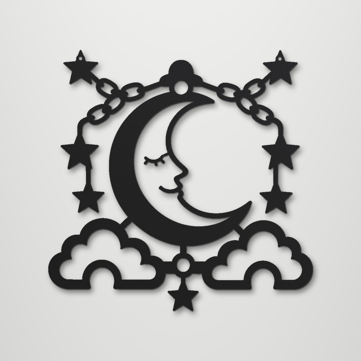 Sleepy Moon and Stars laser cut steel wall art in matte black, front view