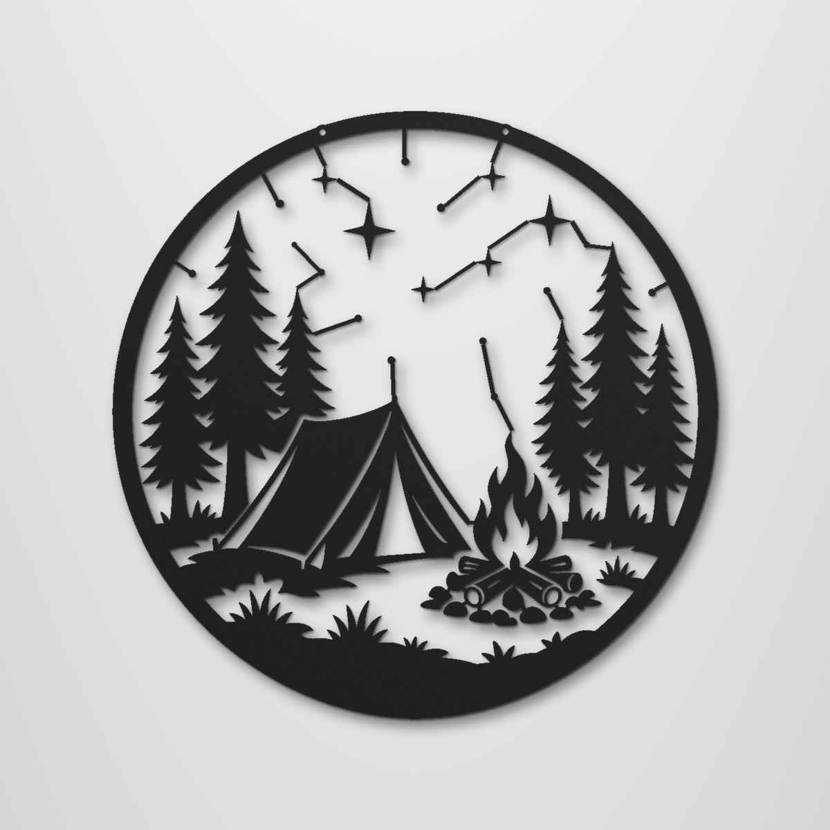 Camping Under the Stars laser cut steel wall art in matte black, front view