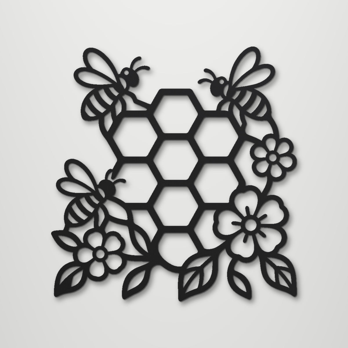 Bee and Honeycomb laser cut steel wall art in matte black, front view