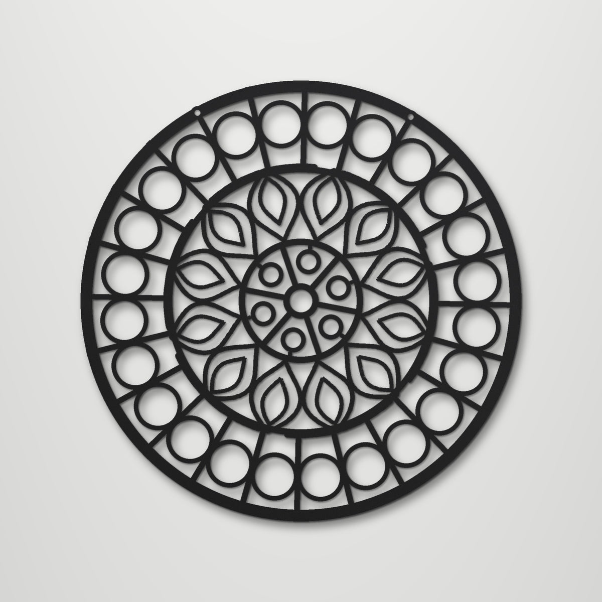 Geometric Mandala Aurora laser cut steel wall art in matte black, front view