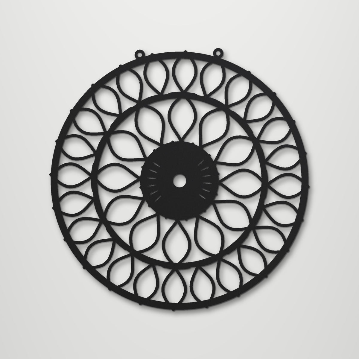 Geometric Mandala Petal Bloom laser cut steel wall art in matte black, front view