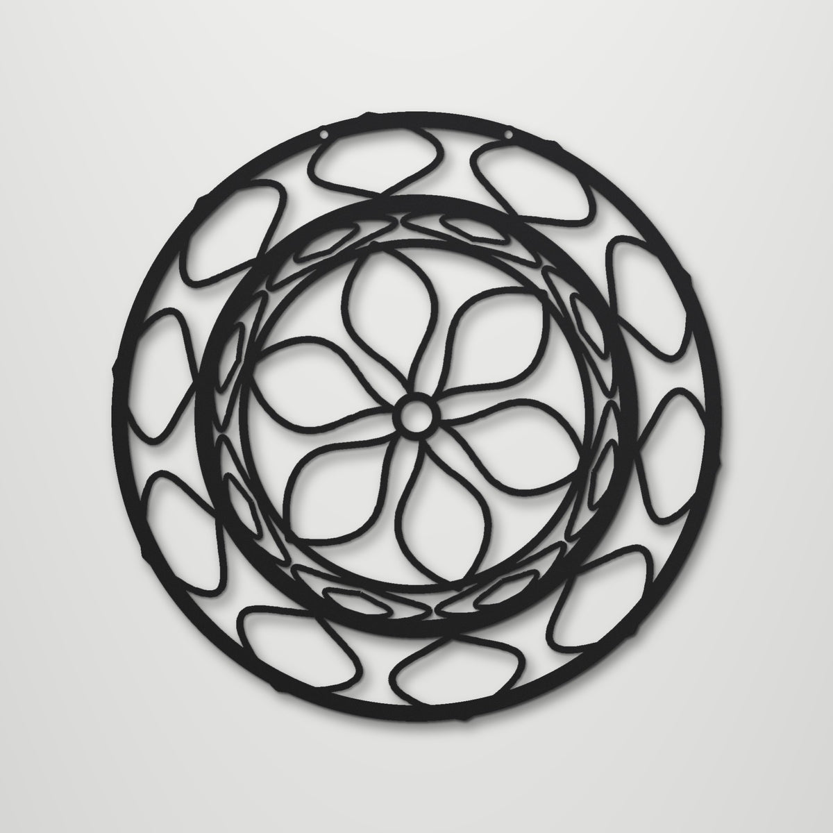Geometric Mandala Hexagram laser cut steel wall art in matte black, front view