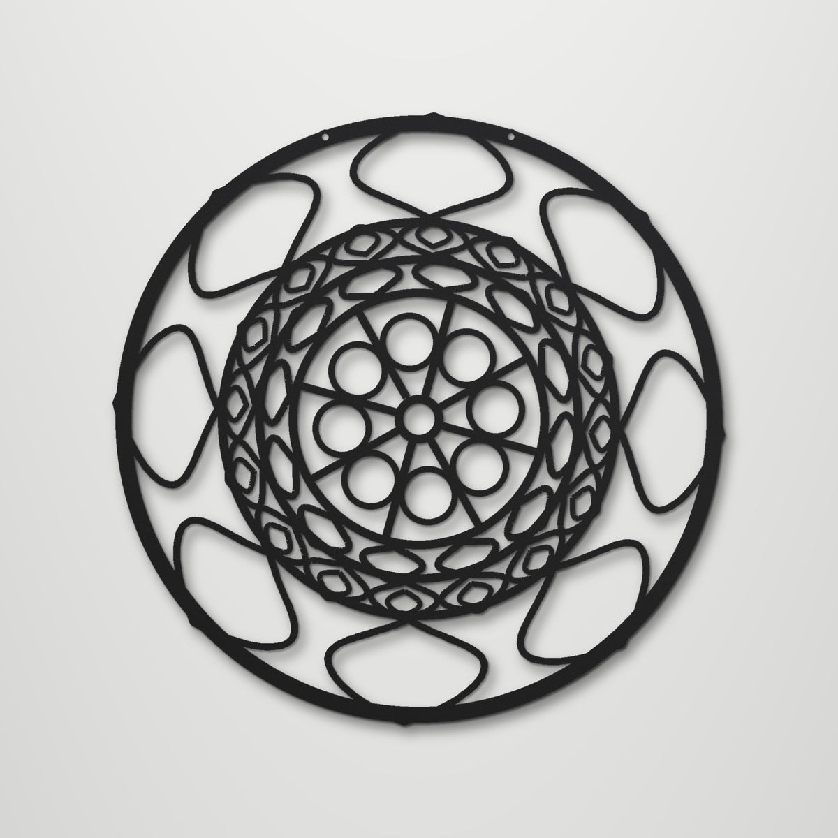 Geometric Mandala Radiant laser cut steel wall art in matte black, front view