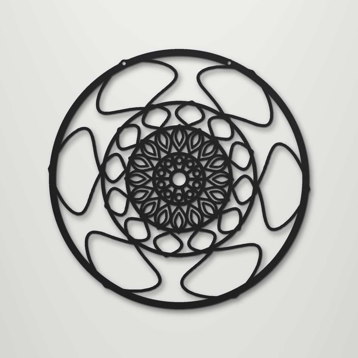 Geometric Mandala Snowflake laser cut steel wall art in matte black, front view