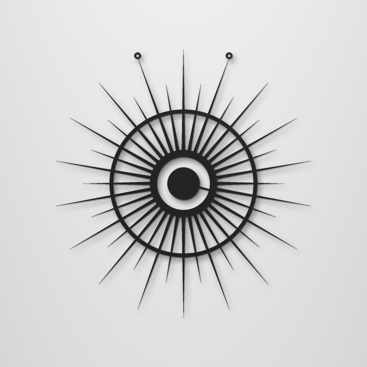 Sunburst laser cut steel wall art in matte black, front view