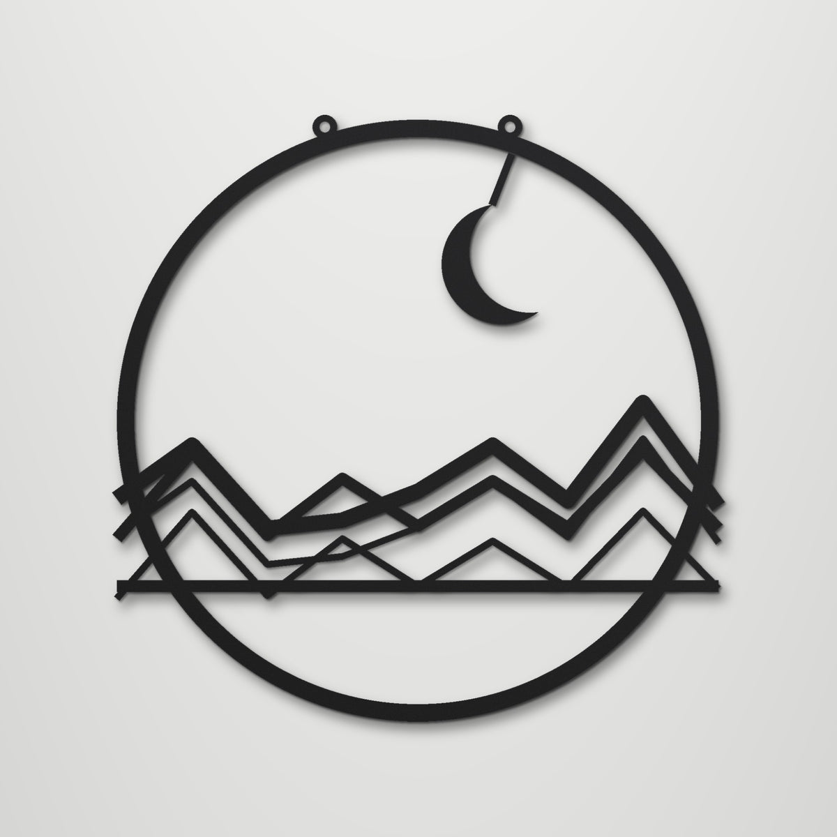 Mountain Moon laser cut steel wall art in matte black, front view