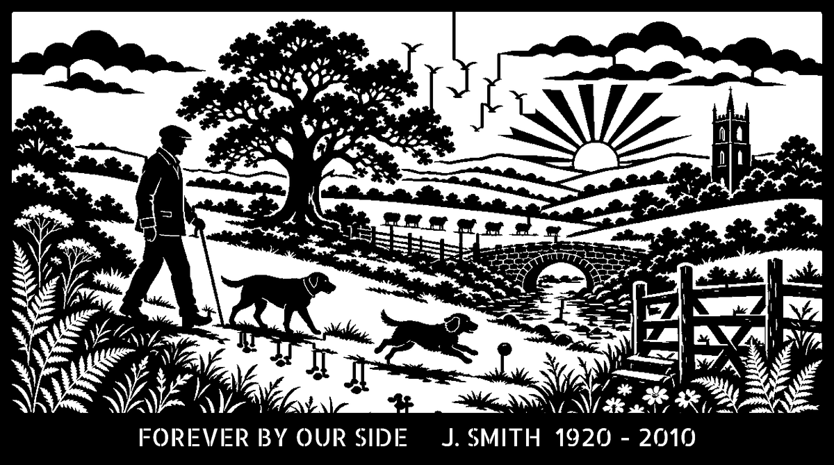 Dog Walk – Forever By Our Side Memorial Bench (Personalised) – laser-cut back panel design