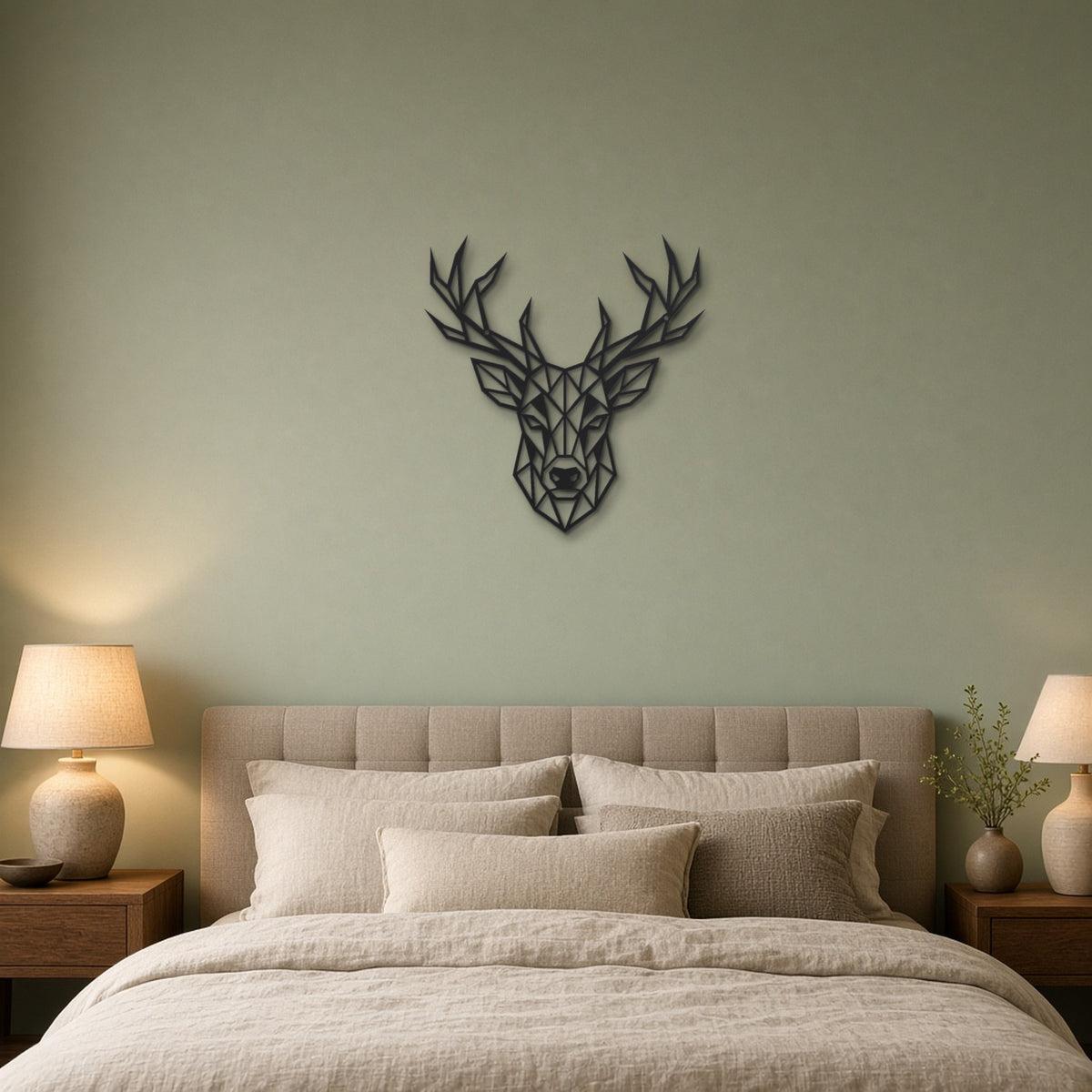 Geometric Stag Head black metal wall art hanging on a bedroom wall