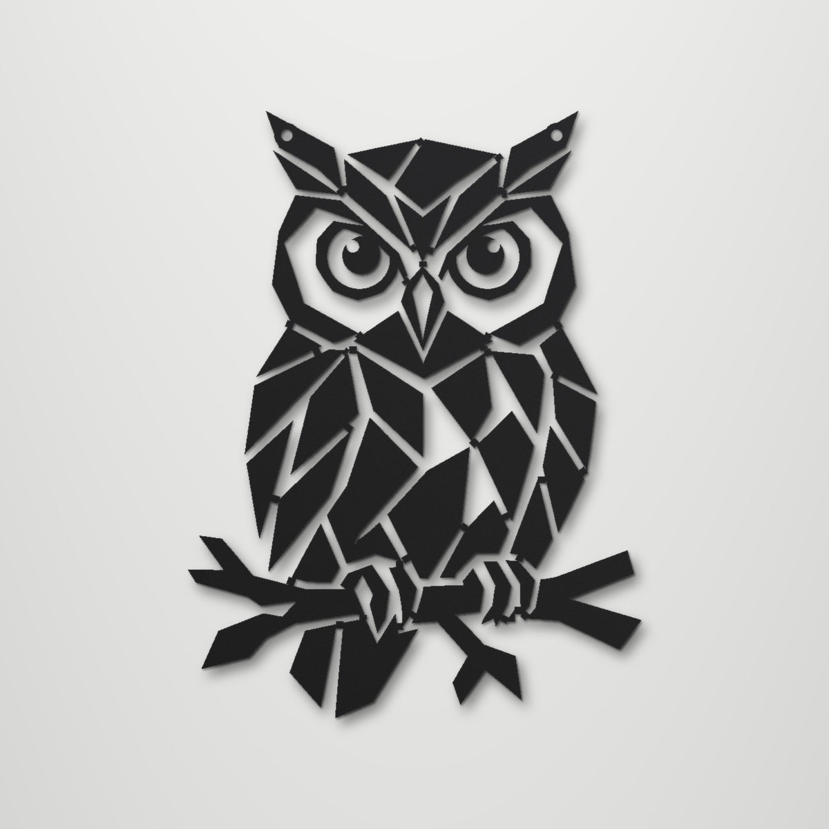 Geometric Owl laser cut steel wall art in matte black, front view