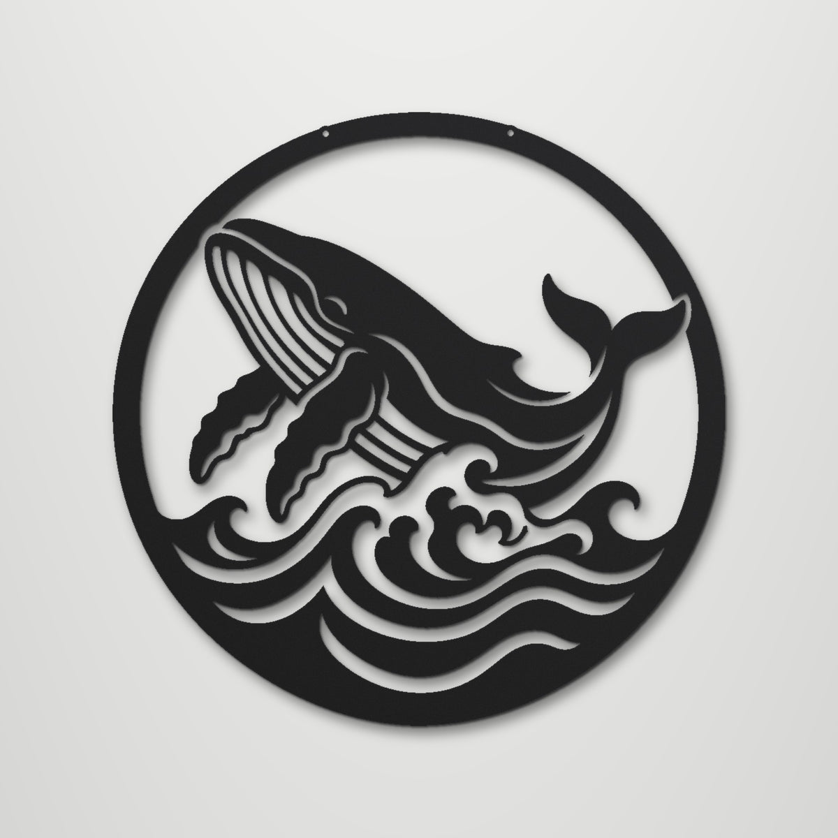 Line Art Whale laser cut steel wall art in matte black, front view