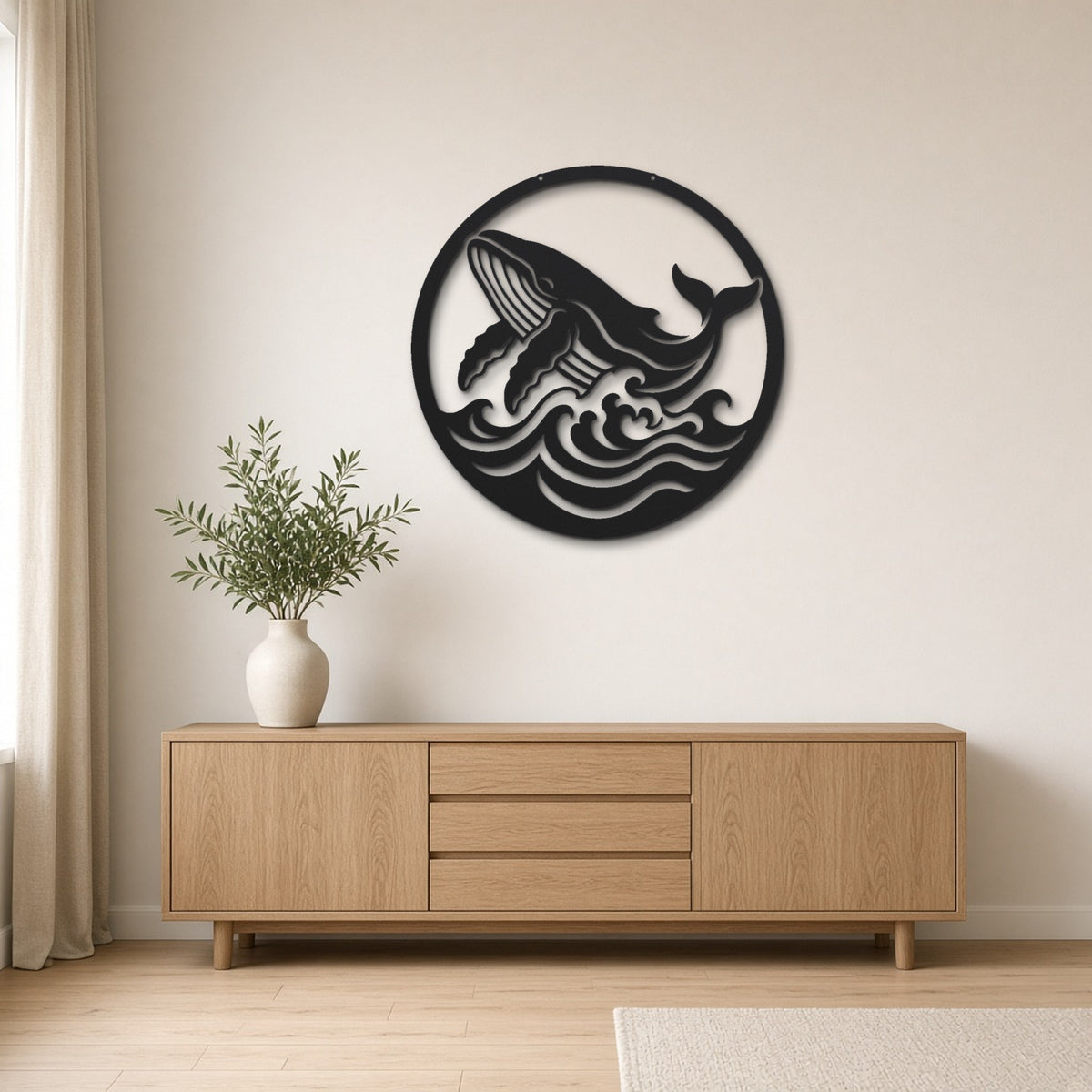 Line Art Whale black metal wall art hanging on a Scandinavian living room wall