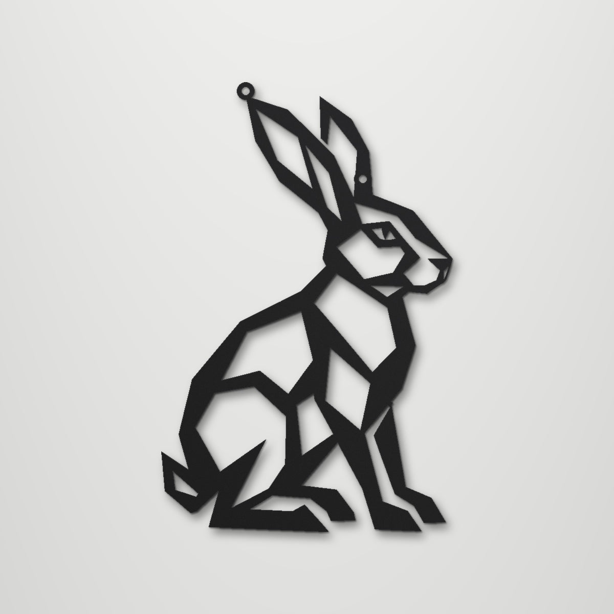 Geometric Hare laser cut steel wall art in matte black, front view