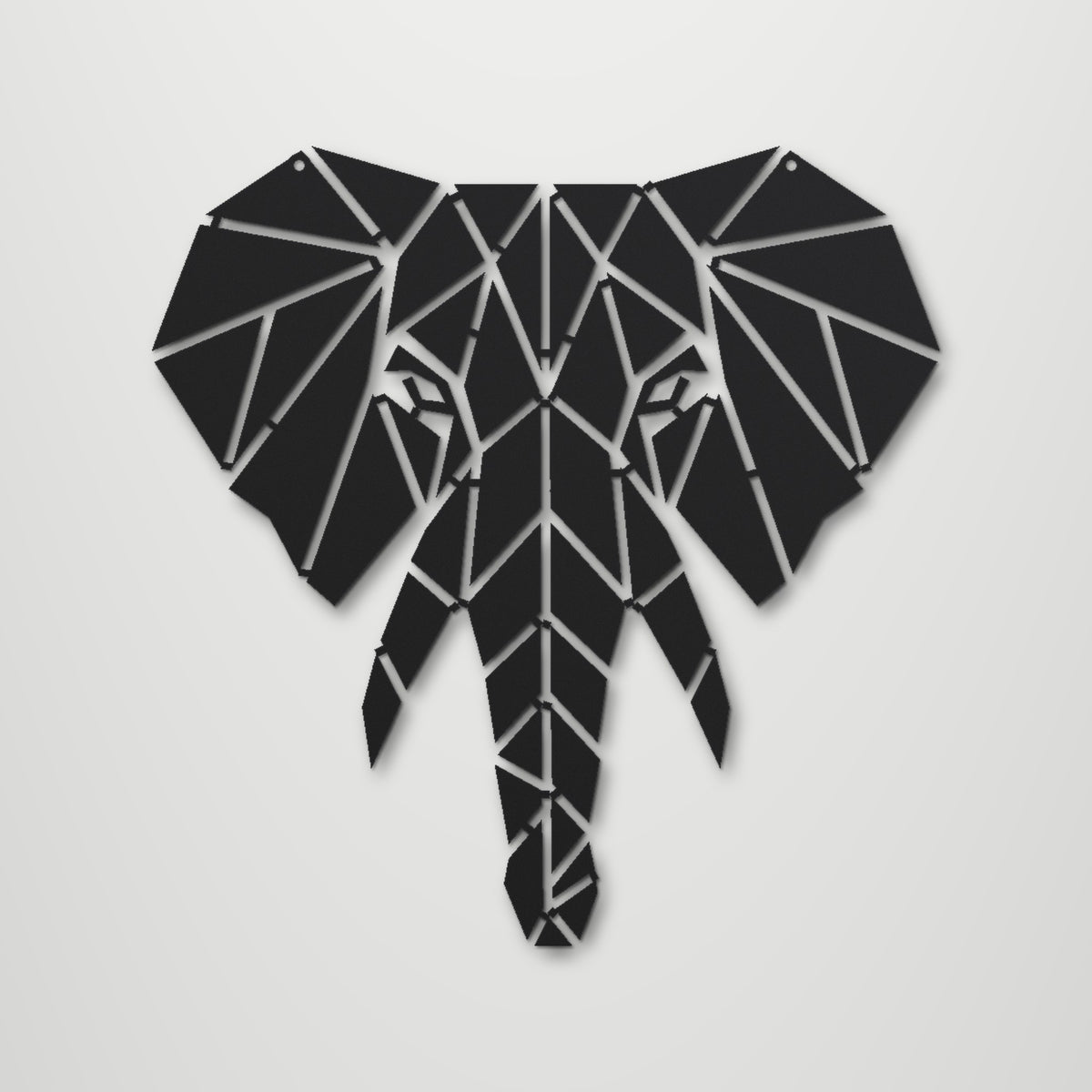 Geometric Elephant Head laser cut steel wall art in matte black, front view