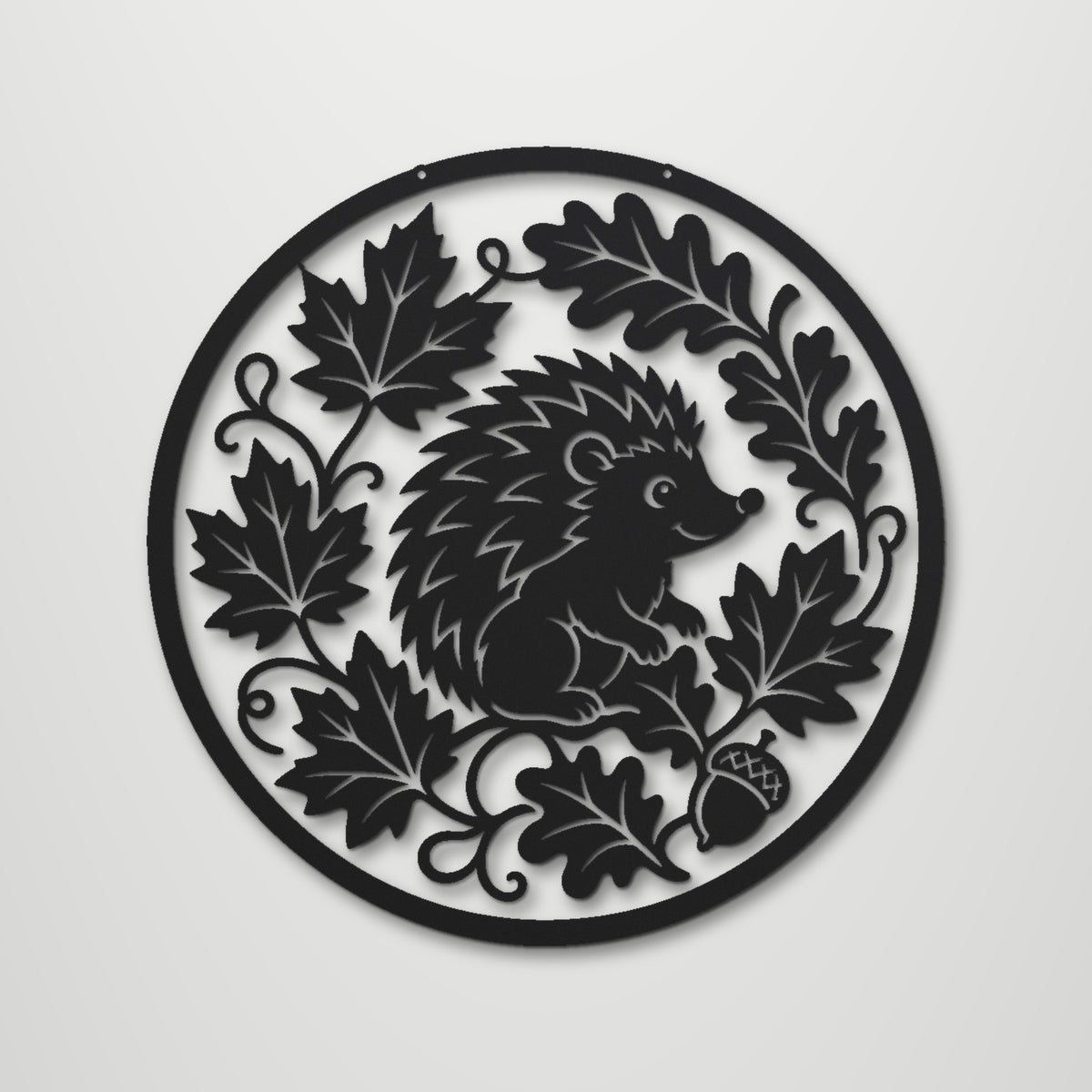 Hedgehog in Leaves laser cut steel wall art in matte black, front view
