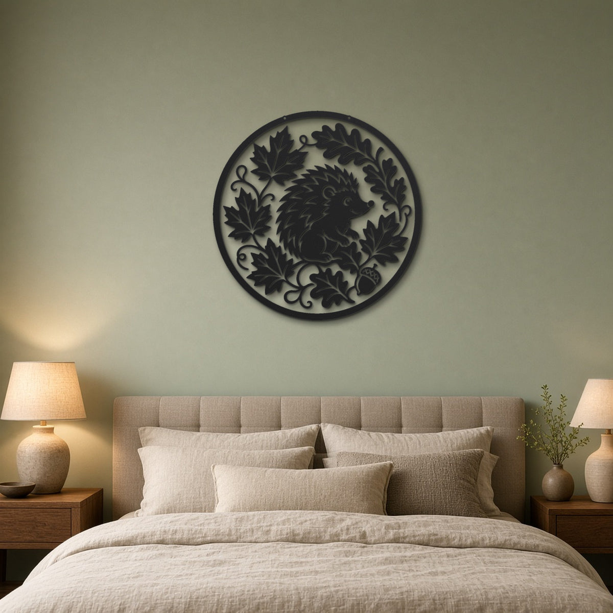 Hedgehog in Leaves black metal wall art hanging on a bedroom wall
