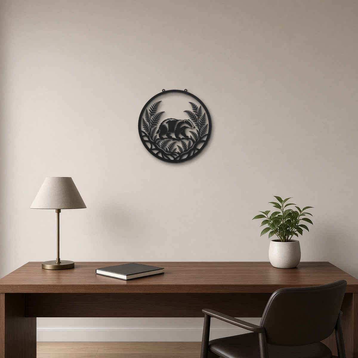 Badger Woodland black metal wall art hanging on a home office wall