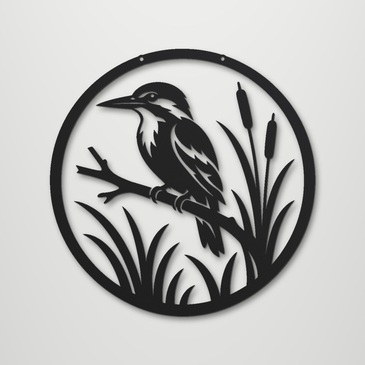 Kingfisher on Branch laser cut steel wall art in matte black, front view