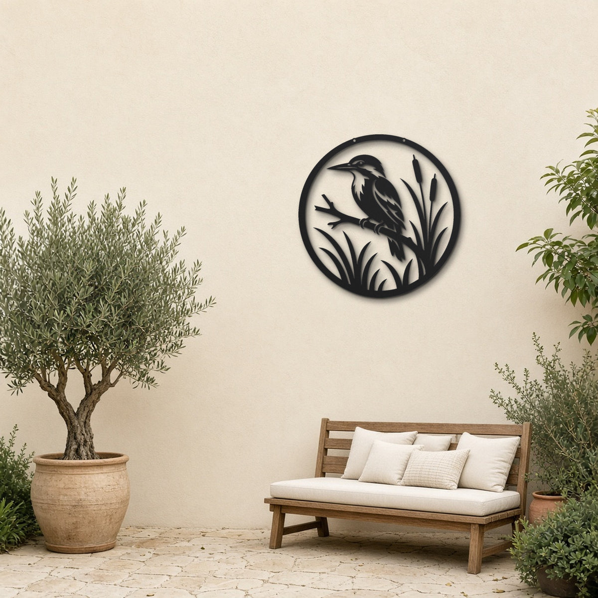 Kingfisher on Branch black metal wall art hanging on a garden patio wall