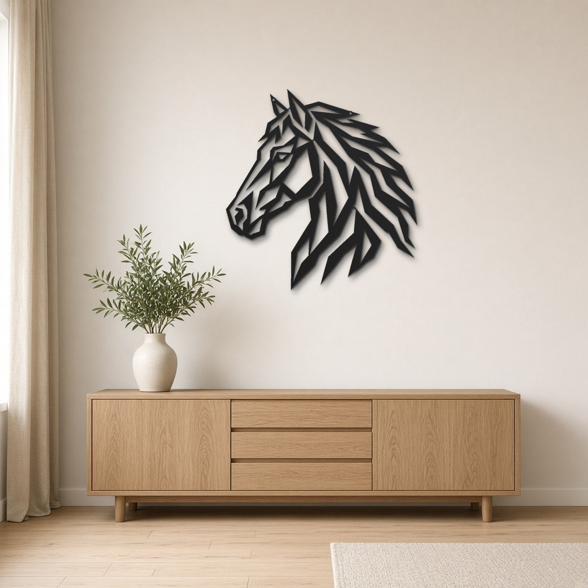 Geometric Horse Head black metal wall art hanging on a Scandinavian living room wall