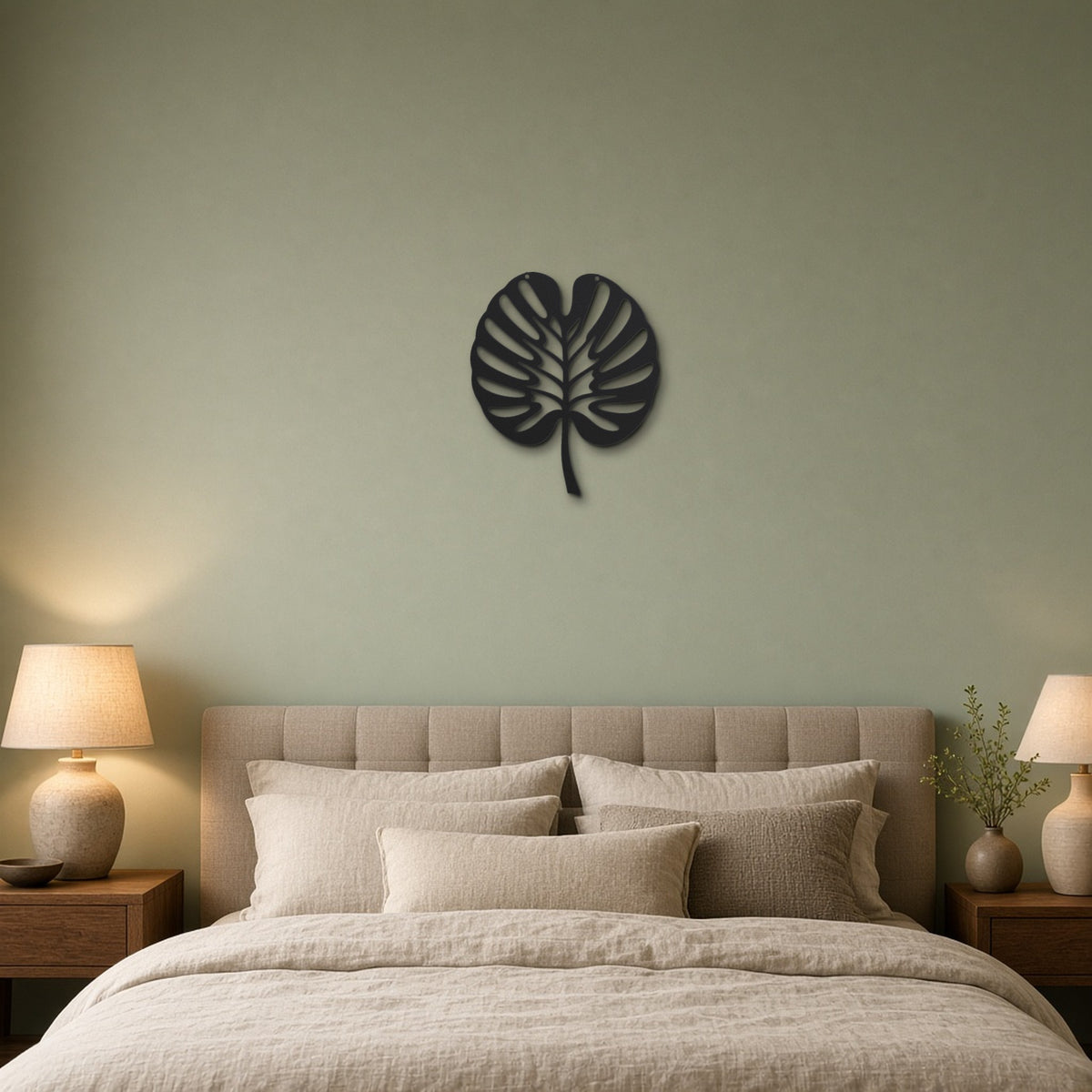 Monstera Leaf black metal wall art hanging on a bedroom wall