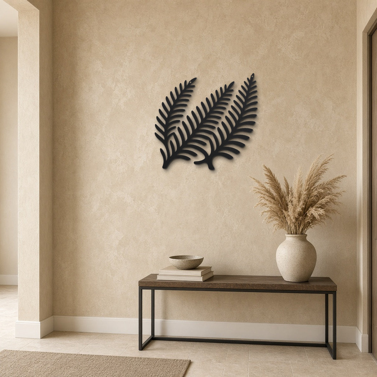 Fern Fronds black metal wall art hanging on a hallway wall