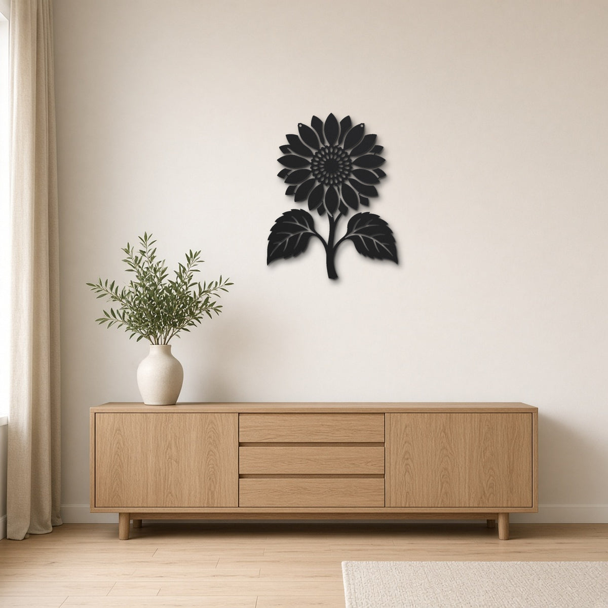 Sunflower black metal wall art hanging on a Scandinavian living room wall