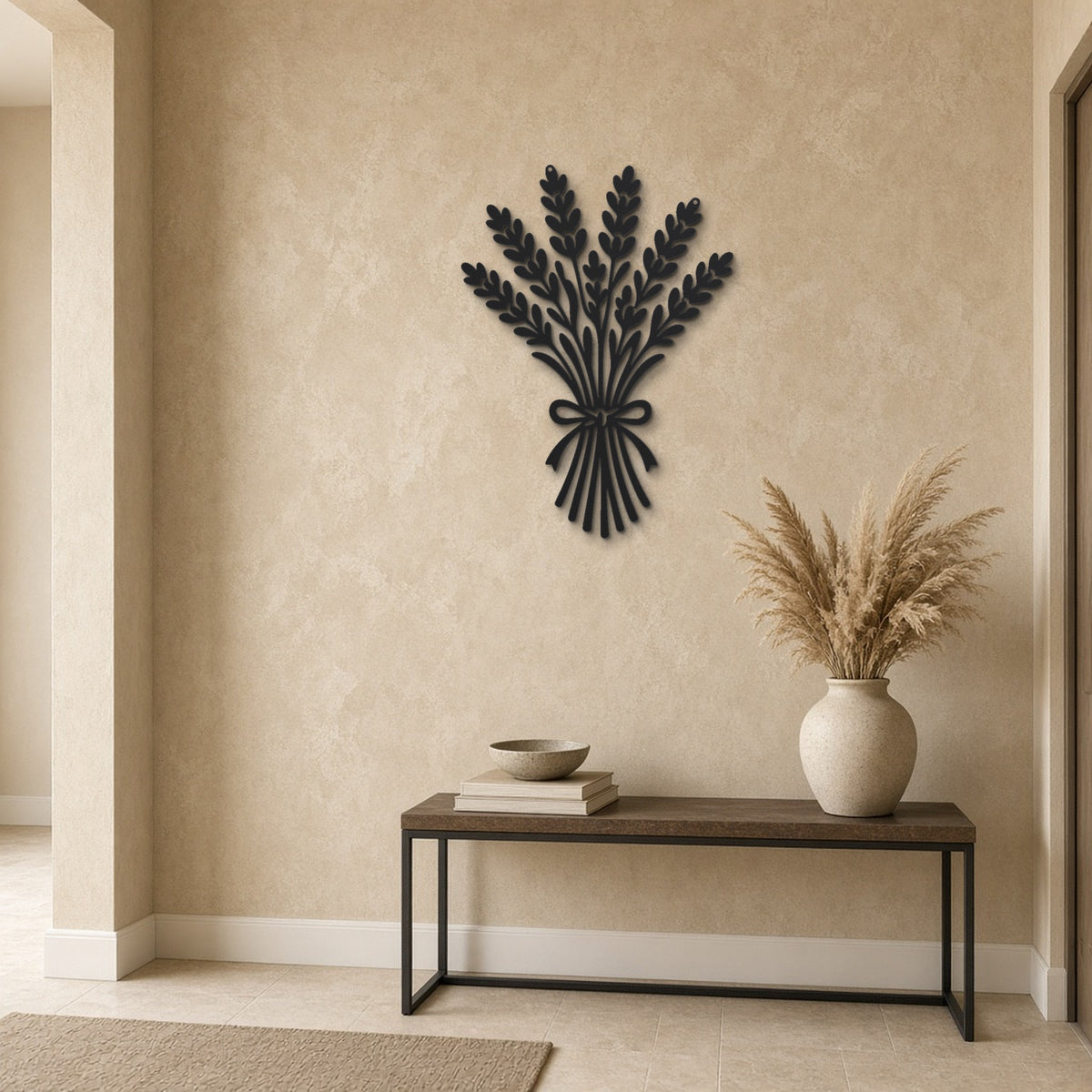 Lavender Sprigs black metal wall art hanging on a hallway wall