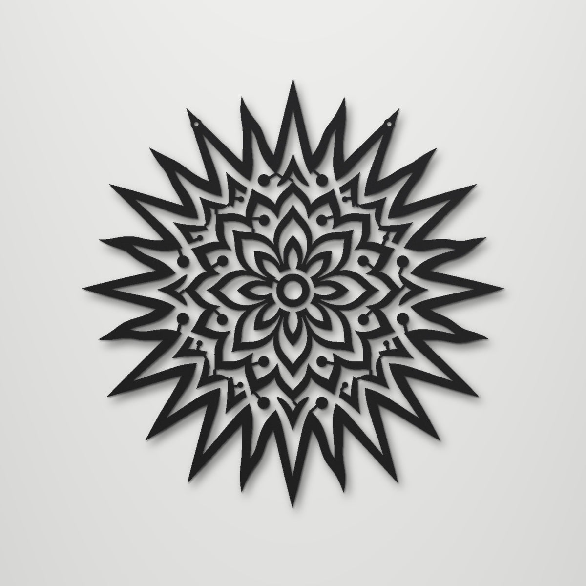 Sun Mandala laser cut steel wall art in matte black, front view