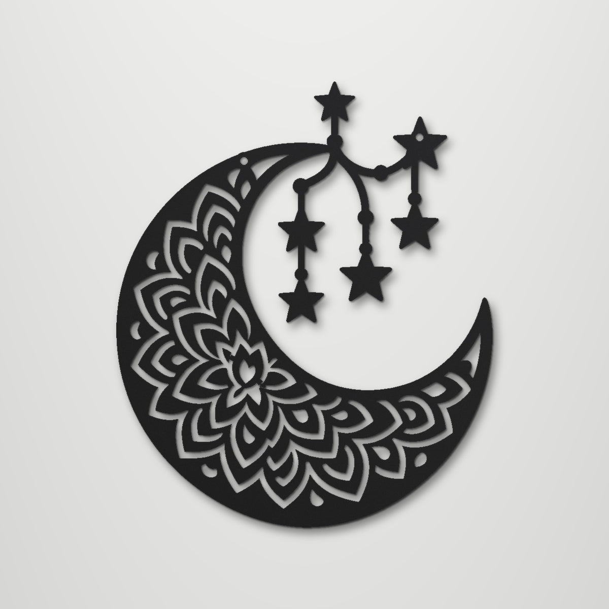 Boho Moon Mandala laser cut steel wall art in matte black, front view