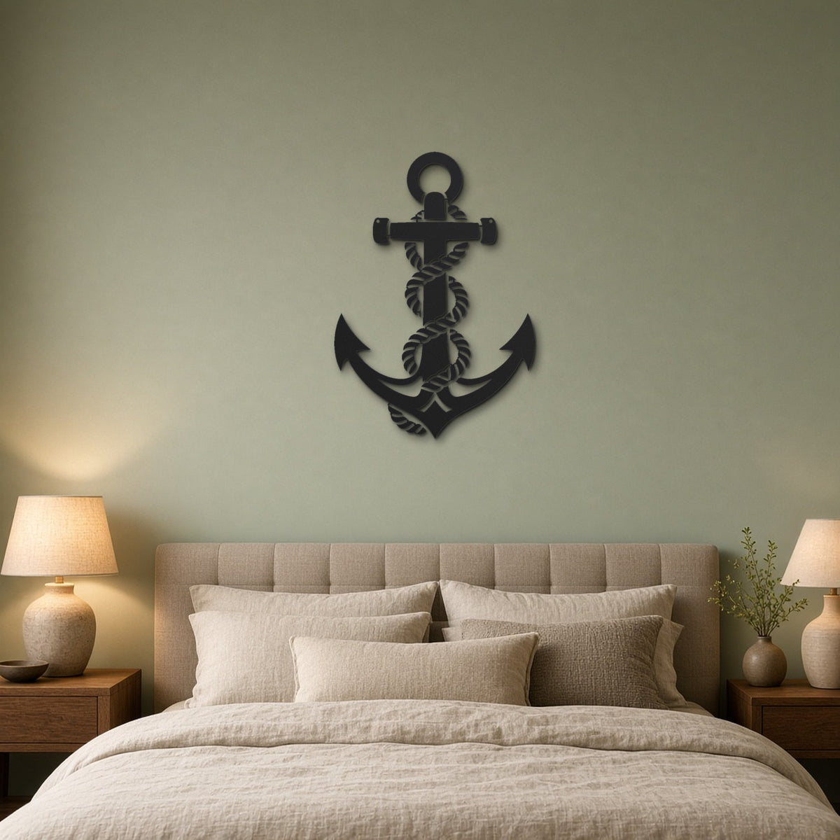 Anchor and Rope black metal wall art hanging on a bedroom wall