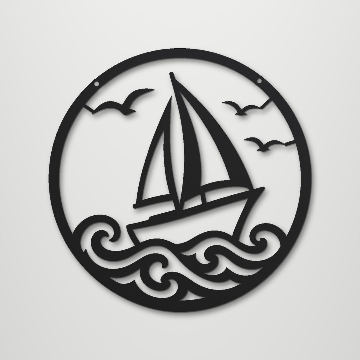Sailing Yacht at Sea laser cut steel wall art in matte black, front view