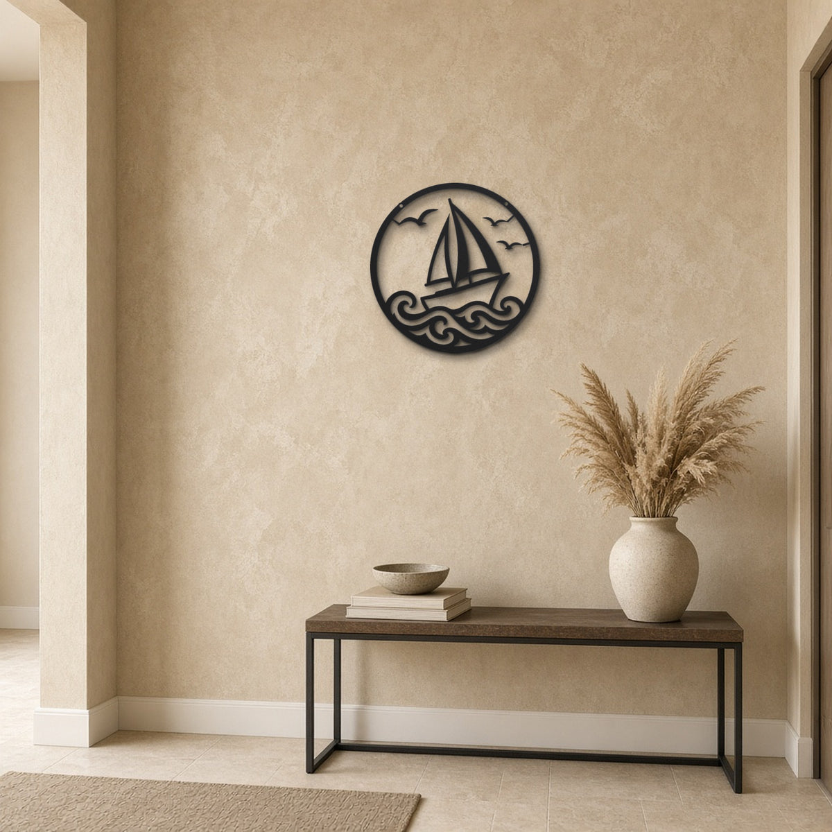 Sailing Yacht at Sea black metal wall art hanging on a hallway wall