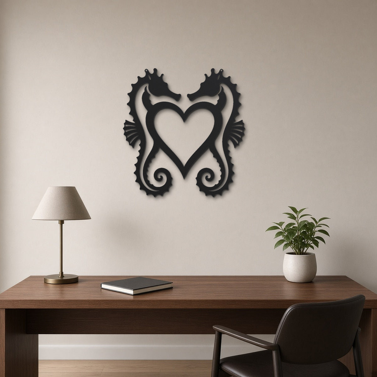 Seahorse Pair black metal wall art hanging on a home office wall