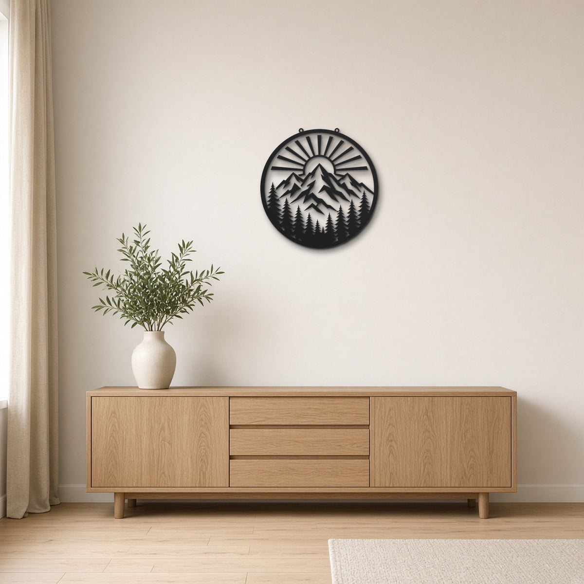 Mountain Range Panorama black metal wall art hanging on a Scandinavian living room wall