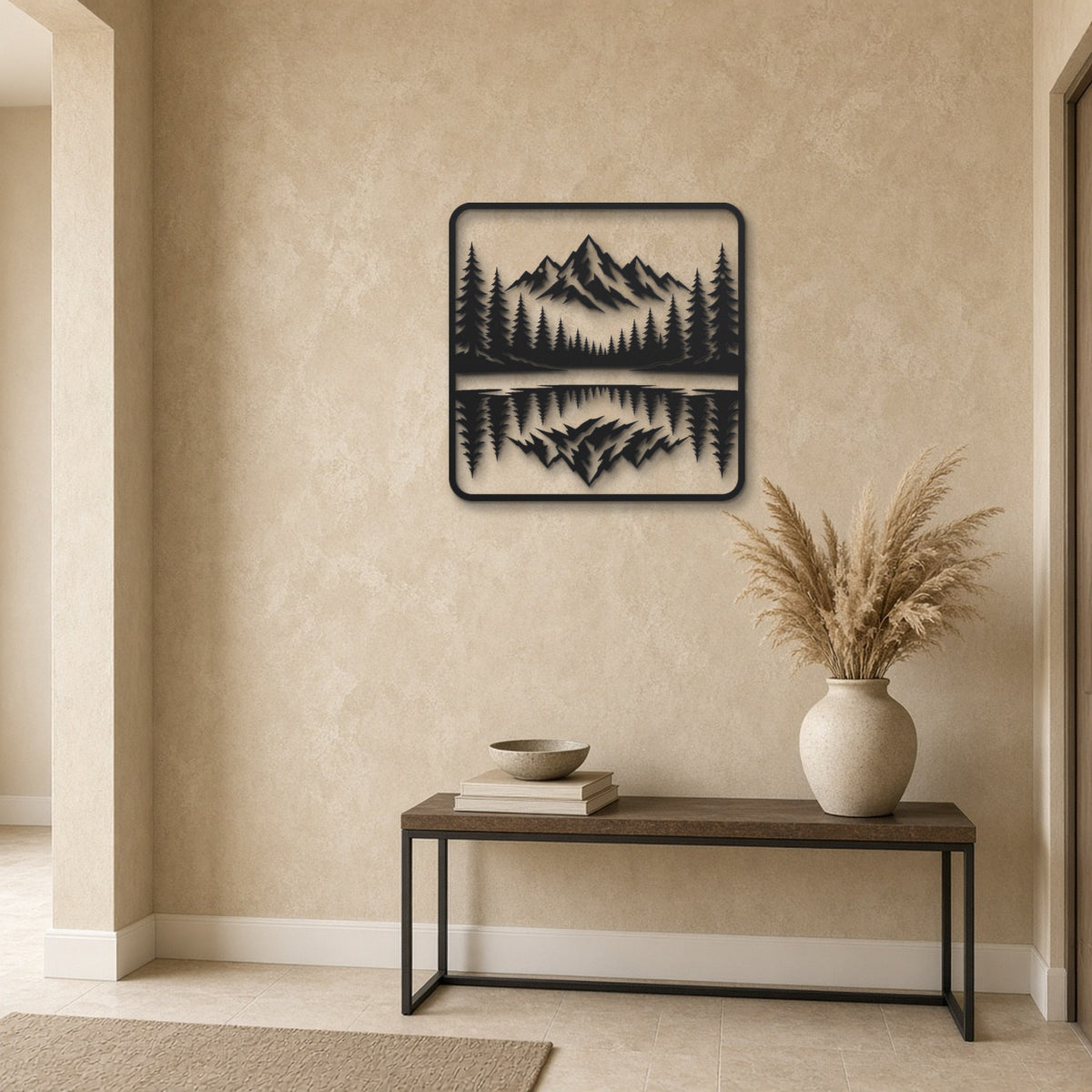 Forest Lake Reflection black metal wall art hanging on a hallway wall