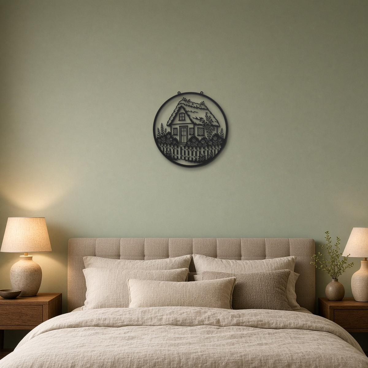 Countryside Cottage black metal wall art hanging on a bedroom wall