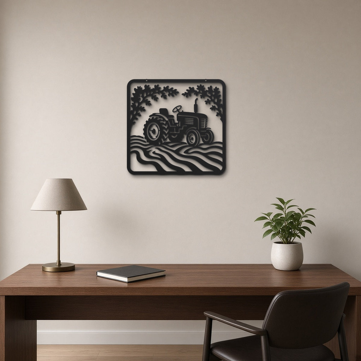 Tractor in the Field black metal wall art hanging on a home office wall