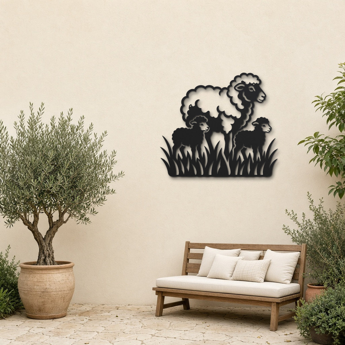 Sheep Family black metal wall art hanging on a garden patio wall