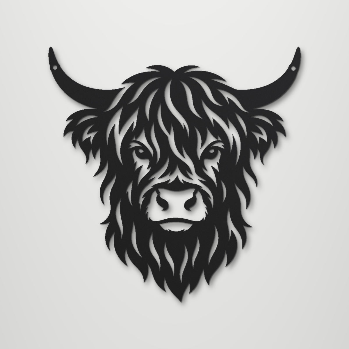 Highland Cow laser cut steel wall art in matte black, front view