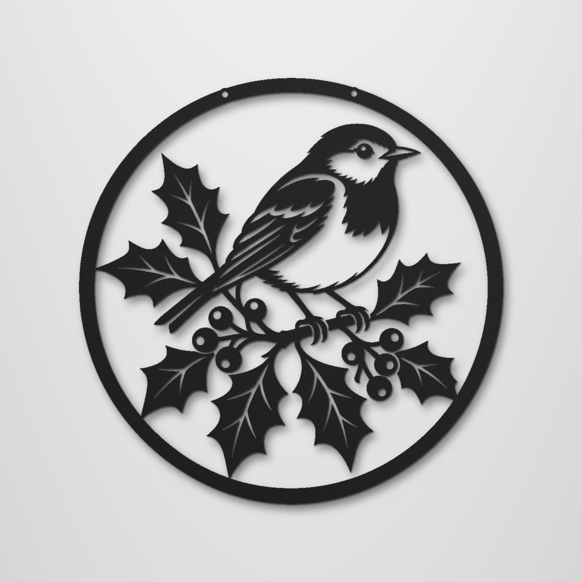 Robin on Holly laser cut steel wall art in matte black, front view