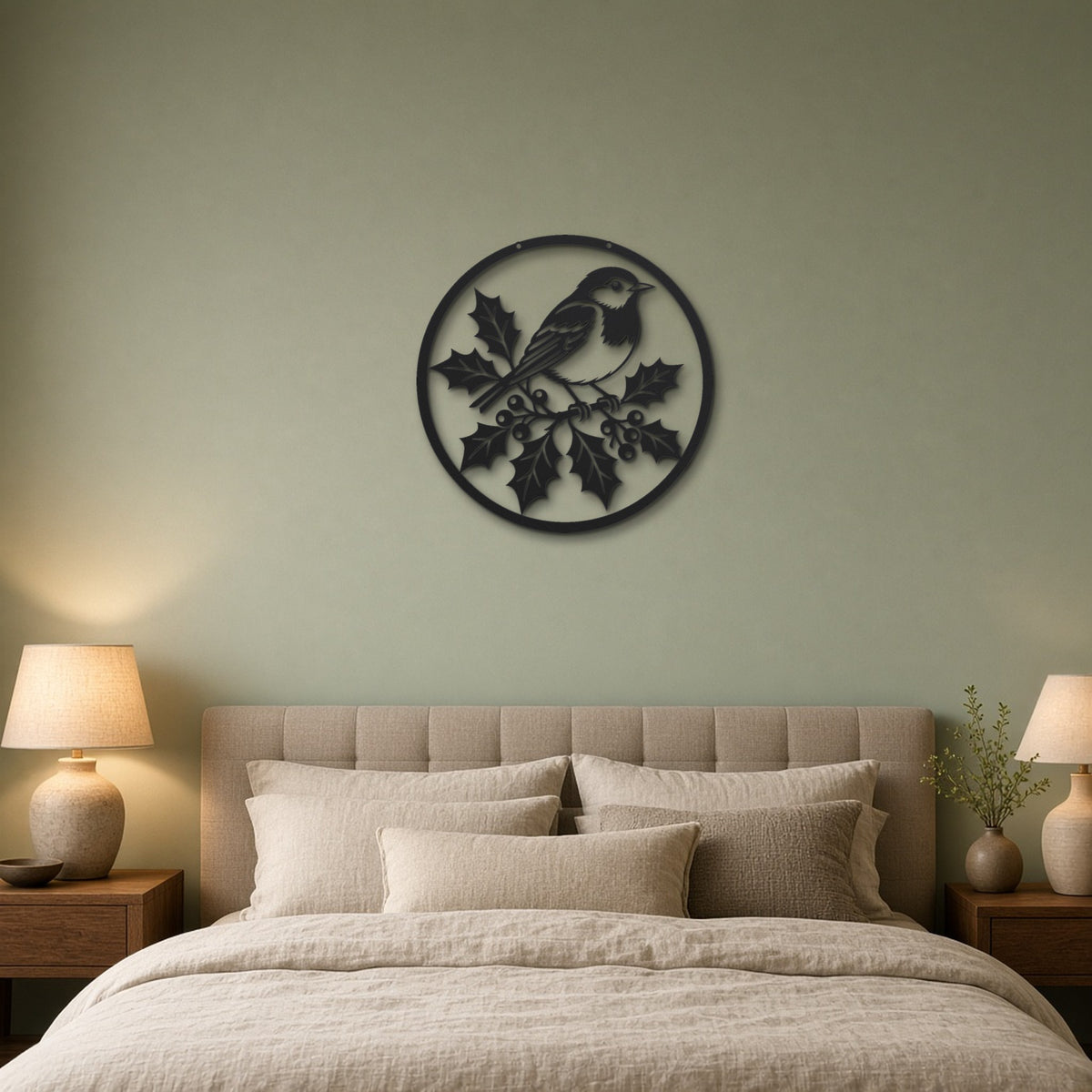 Robin on Holly black metal wall art hanging on a bedroom wall