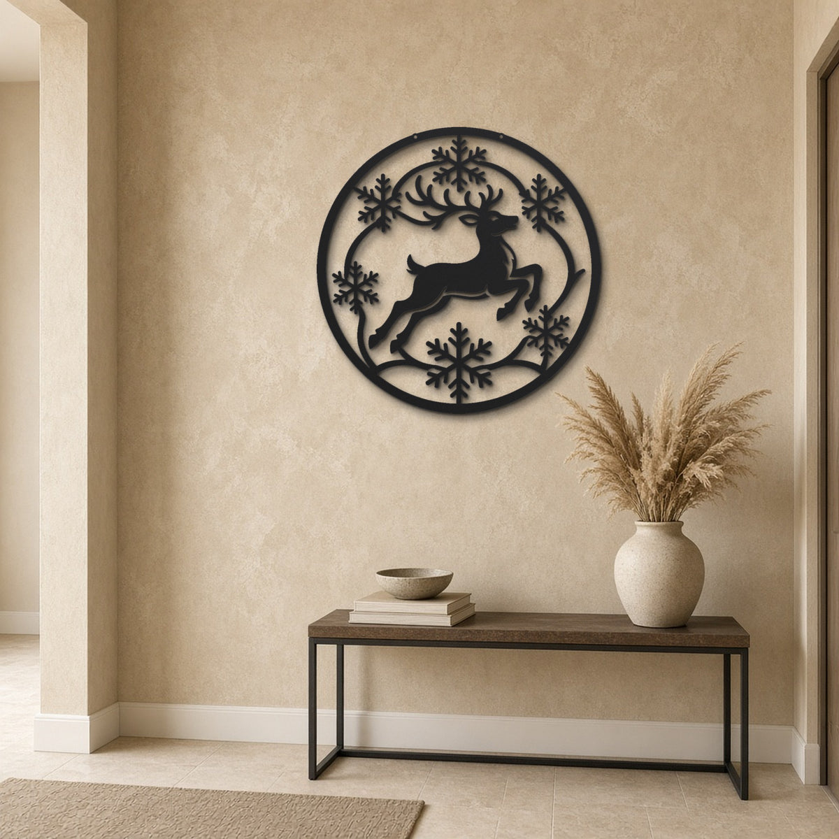 Reindeer and Snowflakes black metal wall art hanging on a hallway wall